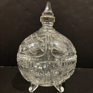 Vtg Hand Cut/Etched Crystal Button/Diamond/Floral Footed Bowl w/Lid